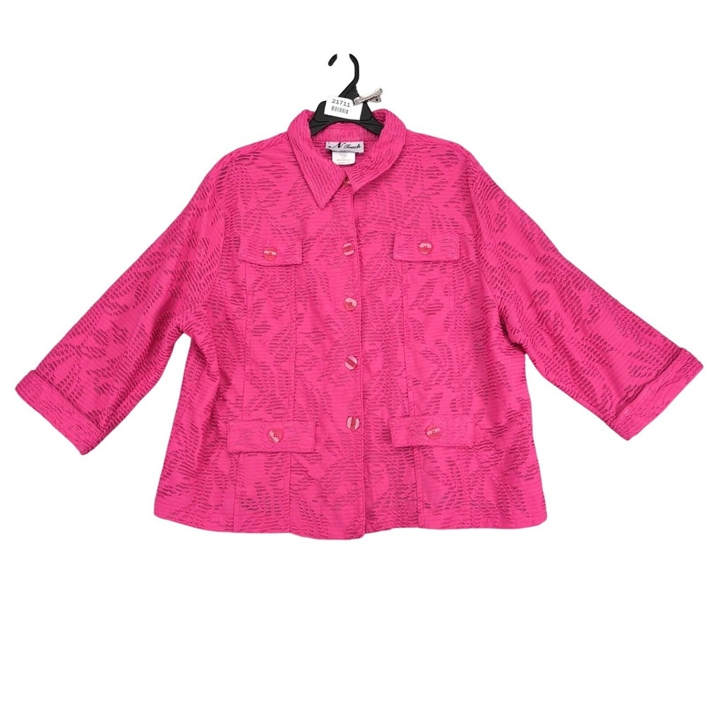 N Touch Boldβ Pink Textured Sheer Mesh Blouse Womens XL Y2K Button Front Artsy